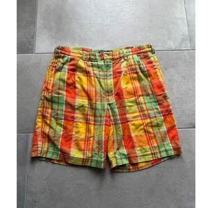 Polo Ralph Lauren Mens 38 Tyler Short Plaid Madras Orange Yellow Green Pleated